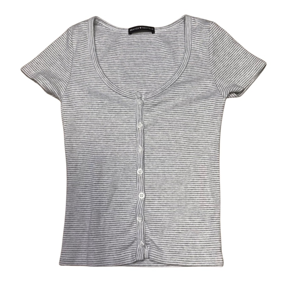 Brandy Melville Blue and White Striped Crop Top Tee with Buttons Down - Size S